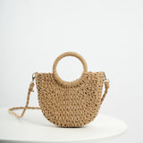 realaiot  Semicircle Straw Woven Beach Bag, Drawstring Crossbody Bag, Boho Style Rattan Handbags