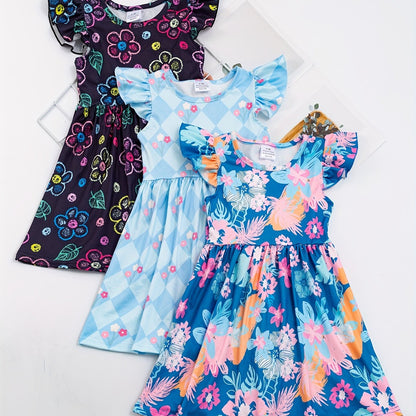 3pcs Girls Summer Floral Ruffle Dress Set - Adorable Print, Playful Ruffles, Lightweight Short Sleeves for Stylish Outfits