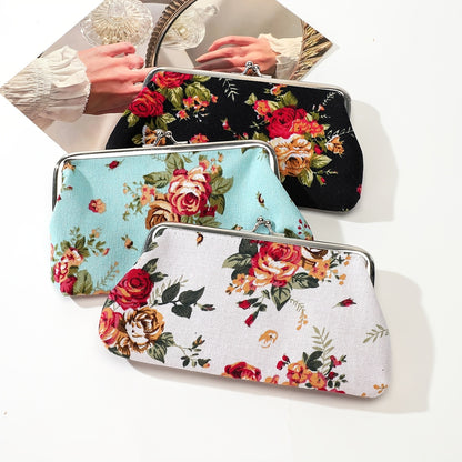 realaiot  Floral Pattern Long Wallet, Canvas Card Holder Women's Fashion Kiss Lock Storage Bag For Keys & Lipstick