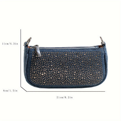 realaiot  Trendy Denim Shoulder Bag, Niche Design Chain Crossbody Bag, Luxury Rhinestone Party Purse For Women