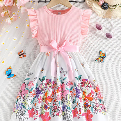 Floral Sleeveless Dress with Flutter Trim & Bow Belt - Perfect Summer Attire