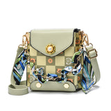 Mini Plaid Pattern Crossbody Bag, Studded & Chain Decor Flap Phone Purse, Faux Leather Shoulder Bag