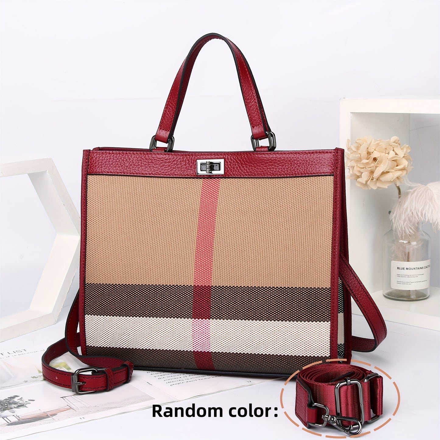 realaiot  Fashion Plaid Pattern Crossbody Bag, Genuine Leather Shoulder Bag, Women's Casual Handbag & Tote Purse