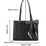 realaiot  Simple Black Crocodile Pattern Tote Bag, Classic Textured Handbag With Scarf Decor For Women