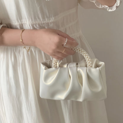 realaiot  Trendy Pleated Cloud Handbag, Elegant Faux Pearls Handle Bag, Perfect Shoulder Bag For Every Occasion