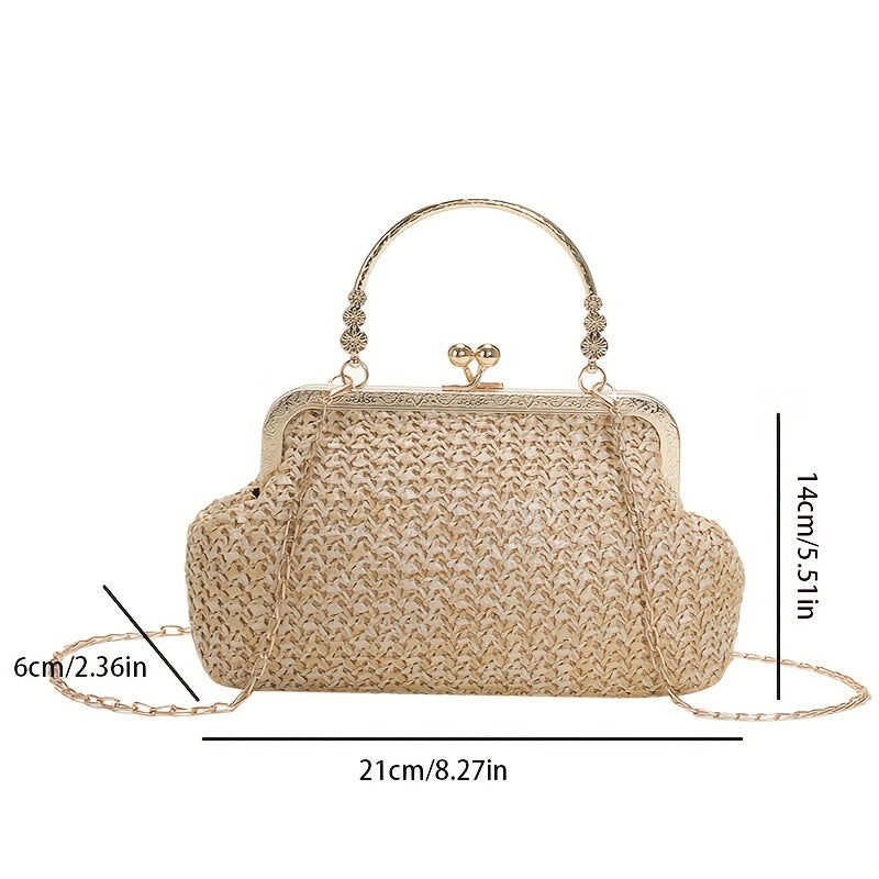 realaiot Retro Style Straw Bag, Top Ring Summer Beach Bag, Women's Kiss Lock Crossbody Bag