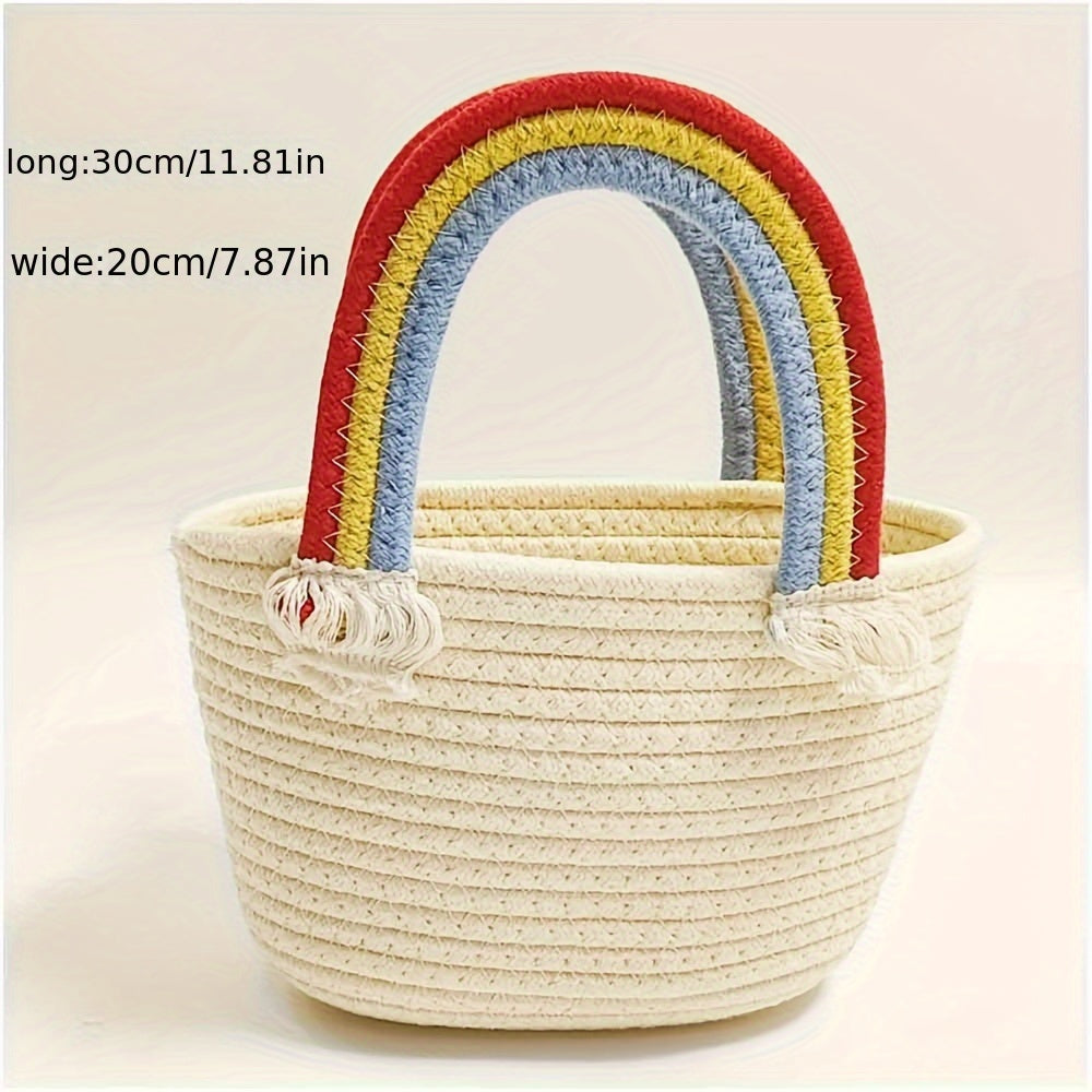 realaiot  Straw Woven Tote Bag, Rainbow Handle Basket Bag, Women's Casual Handbag For Beach Travel