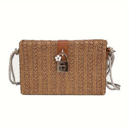 Handmade Woven Crossbody Bag, Bohemian Box Square Bag, Women's Lock Decor Travel Beach Purse