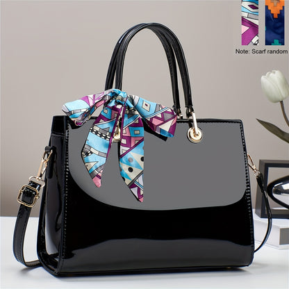 Fashion Bright PU Leather Handbag, Large Capacity Crossbody Bag, Women's Scarf Decor Satchel Purse