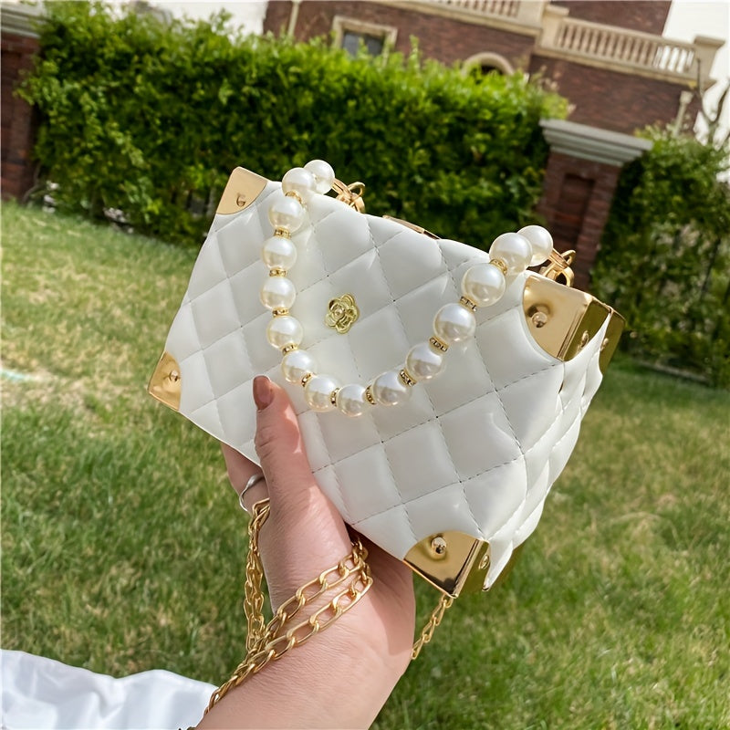 Trendy Argyle Quilted Crossbody Box Bag, Faux Pearls Chain Bag, Perfect Square Shoulder Bag For Daily Use