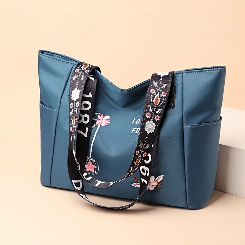 realaiot  Flower Print Large-capacity Tote Bag, Trendy Shoulder Bag For Work, Zipper Handbag With Flower Print Shoulder Straps