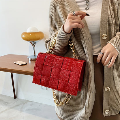 realaiot Crocodile Pattern Braided Crossbody Bag, Classic Square Shoulder Bag, Women's Elegant Handbag & Purse