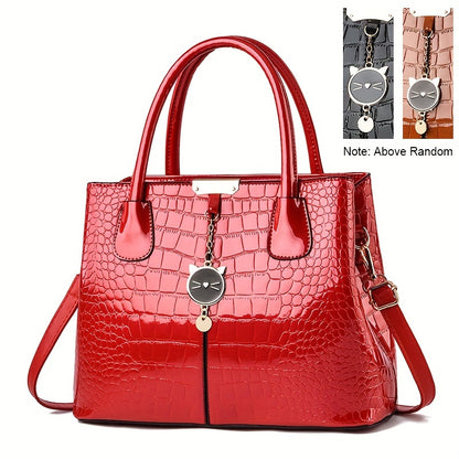 realaiot  Crocodile Pattern Handbag, Stylish Glossy Crossbody Bag, Women's Top Handle Satchel Purse