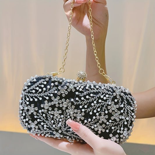 realaiot Faux Pearl & Diamond Kiss Lock Clutch Bag, Party Bag, Metal Chain Cocktail Handbag