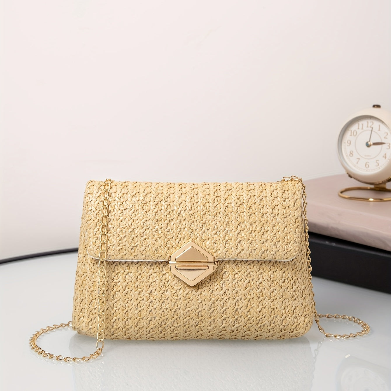 realaiot  Small Straw Square Bag, Trendy Summer Beach Flap Purse, Women's Chain Crossbody Bag,