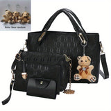 Women's Fashion Tote Bag Set, 4 Pcs Trendy Handbag & Shoulder Bag & Clutch Bag & Key Card Bag