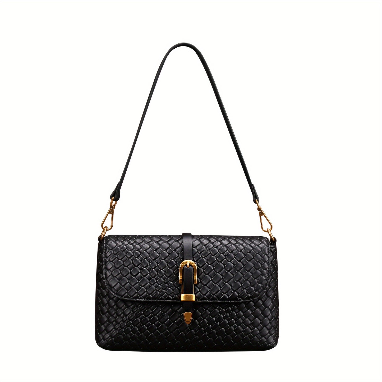 realaiot Trendy Woven Shoulder Bag, Luxury Solid Color Handbag, Women's Buckle Flap Purse Square Handbag