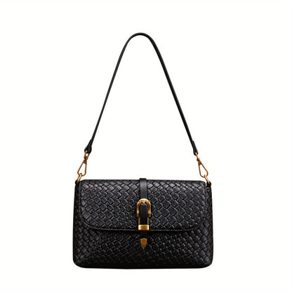 realaiot Trendy Woven Shoulder Bag, Luxury Solid Color Handbag, Women's Buckle Flap Purse Square Handbag