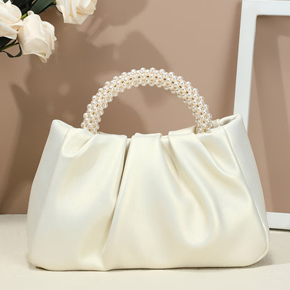 realaiot  Trendy Pleated Cloud Handbag, Elegant Faux Pearls Handle Bag, Perfect Shoulder Bag For Every Occasion