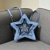 realaiot  Denim Star Shaped Backpack, Y2K Fringed Pentagram Crossbody Bag, Trendy Chain Shoulder Bag With Embroidery Letter