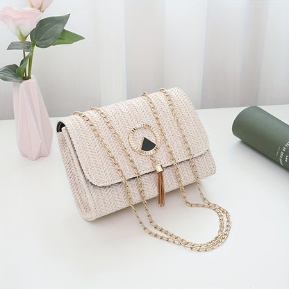 realaiot  1pc Mini Pearl Decor Crossbody Flap Straw Bag (7.5*2.8*5.5) Inch