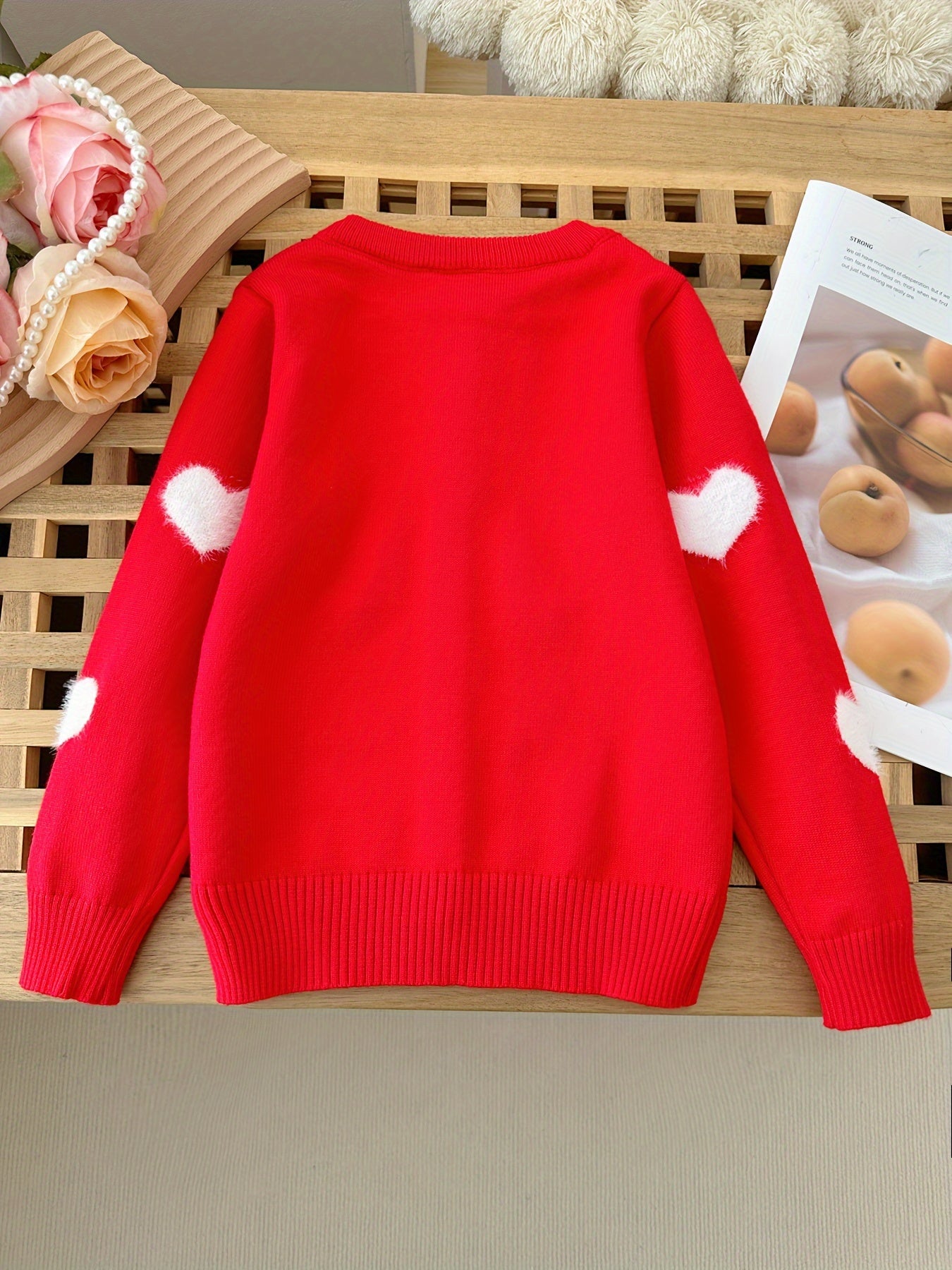 Toddler Girls Exquisite Knit Cardigan - Soft, Vibrant Red with Adorable White Heart Patterns, Classic Button-Front, Long Sleeves - Perfect for Spring and Autumn, Latest  Fashion Trend