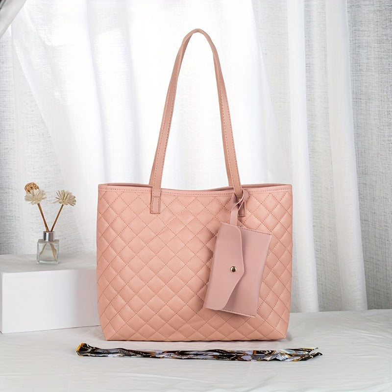 Classic Argyle Pattern Shoulder Bag, Minimalist Textured Handbag With Hanging Mini Purse