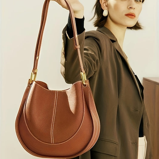 realaiot  Luxury Genuine Leather Saddle Bag, Minimalist Crossbody Bag, Trendy Solid Color Bucket Bag For Women