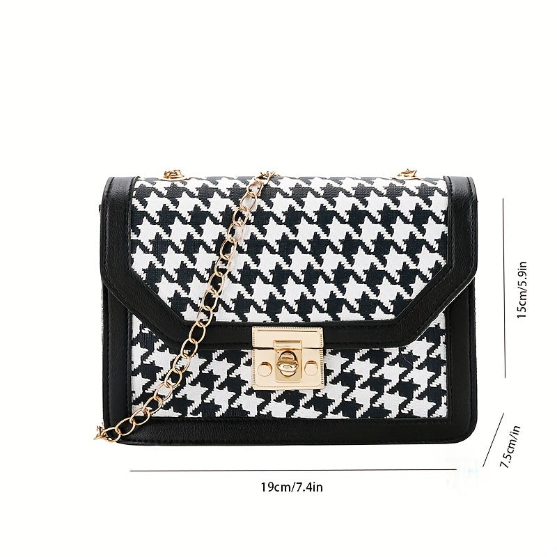 Stylish Houndstooth Pattern Square Bag, Trendy Crossbody Bag, Women's Flap Purse