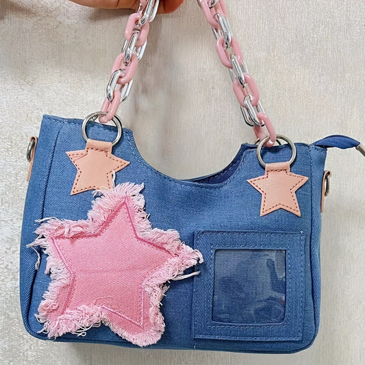 Y2K Denim Shoulder Bag, Vintage Star Patch Decor Handbag, Trendy Chain Underarm Purse For Women