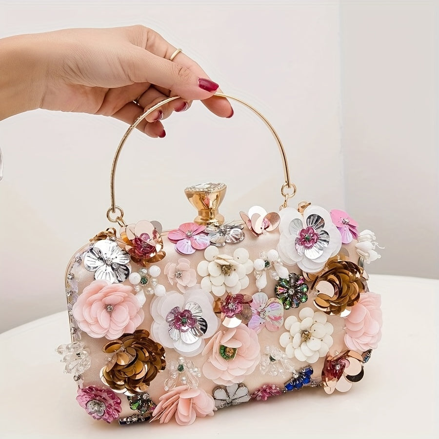 realaiot  3D Flower Evening Bag, Elegant Chain Clutch Purse, Women's Dress Handbag For Wedding Party Prom Banquet