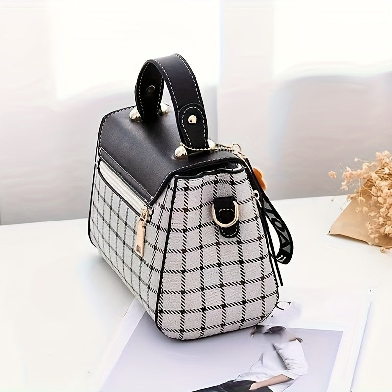 realaiot  Classic Plaid Pattern Handbag, Women Mini Crossbody Bag, Fashion Top Handle Buckle Flap Purse