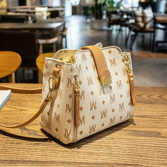 Stylish Letter Print Handbag, Women's Bucket Crossbody Bag, Trendy Top Handle Buckle Decor Purse