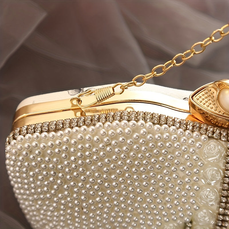 Handmade Beaded Evening Bag, Faux Pearl Clutch Purse, Women's Elegant Handbags For Party Prom Wedding