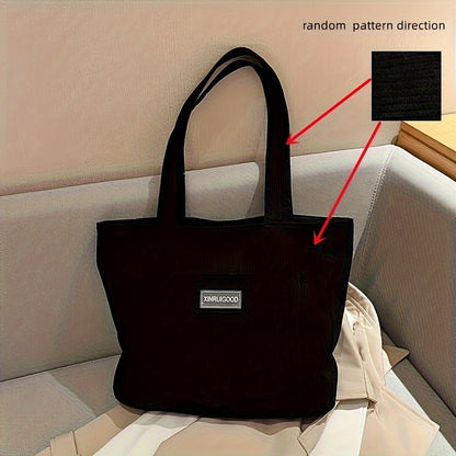 Large Capacity Shoulder Bag, Trendy Corduroy Tote Bag, Solid Color Ladies Handbag With Front Pocket