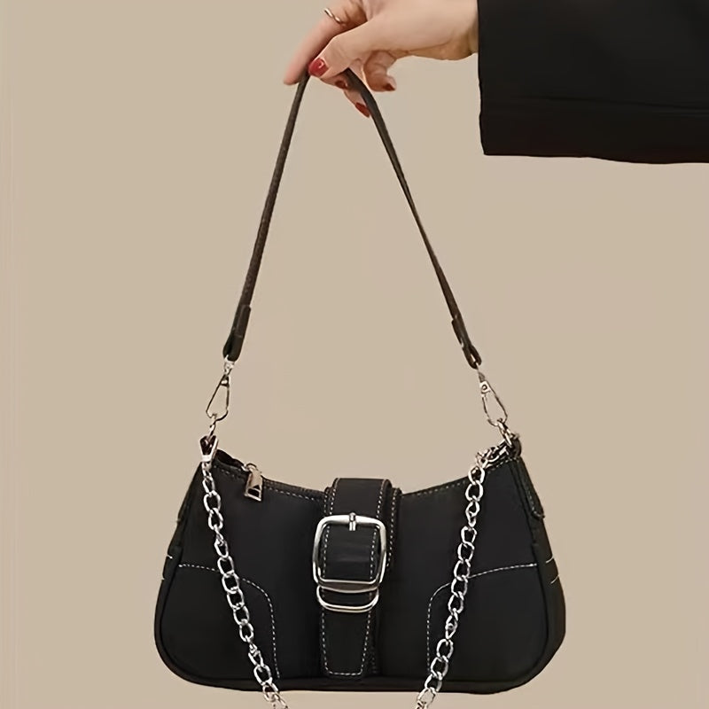 realaiot  Y2K Style Baguette Bag, Trendy Chain Crossbody Bag, Buckle Decor Underarm Purse For Women