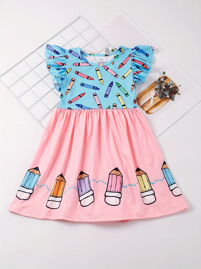 Toddler Girls Ruffle Trim Colorful Crayon Graphic Princess Dress For Back To School Season Party, Cute Kids Summer Clothes