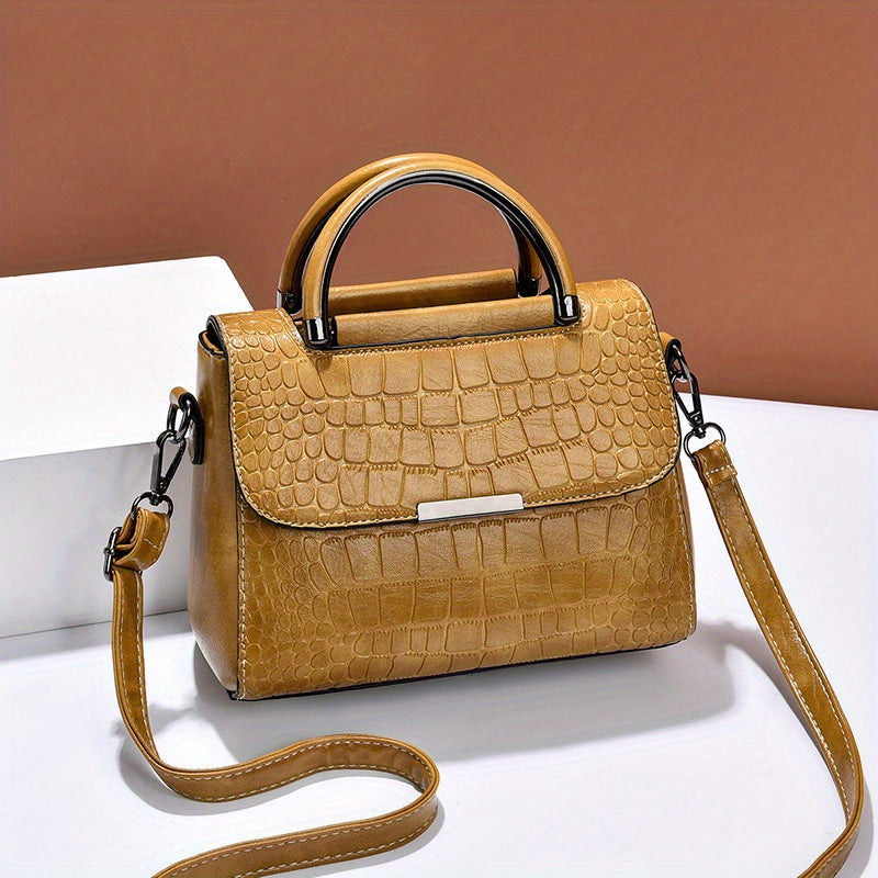 realaiot Classic Crocodile Embossed Crossbody Bag, Elegant Square Flap Shoulder Bag, Women's Versatile Handbag & Purse