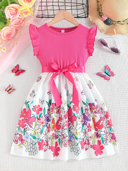 Floral Sleeveless Dress with Flutter Trim & Bow Belt - Perfect Summer Attire