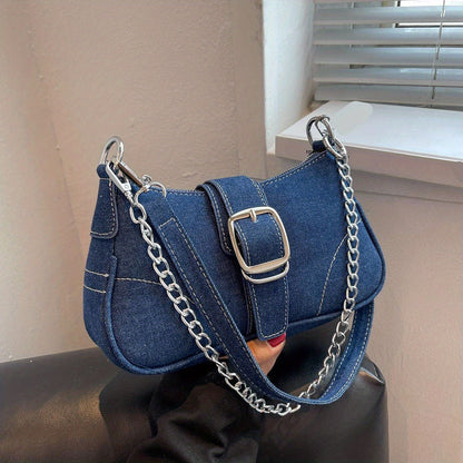 Y2K Denim Crossbody Handbag, Chain Decor Shoulder Bag, Buckle Decor Stitch Chain Baguette Bag