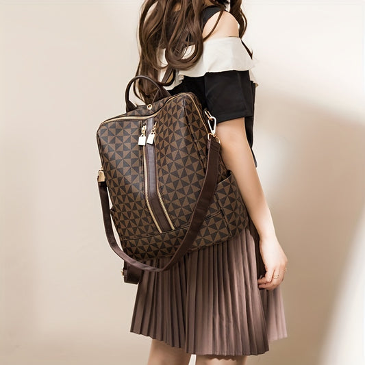 Geometric Pattern Backpack Purse, Fashion Two-way Shoulder Bag, Zipper Front Travel School Bag