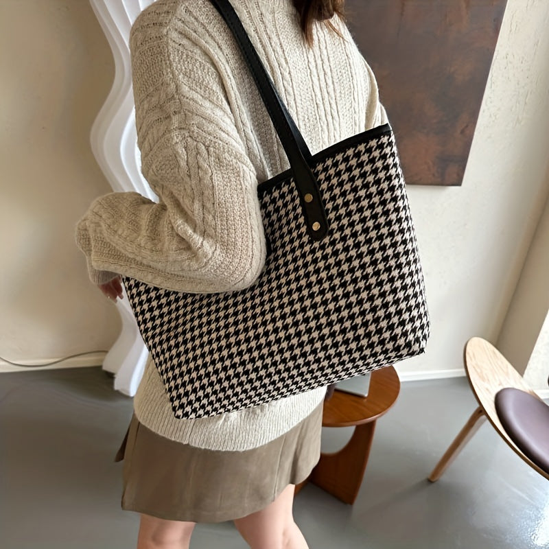 realaiot  Vintage Houndstooth Print Tote Bag, Retro Large Capacity Shoulder Bag, Women's Fashion Handbag For Commute