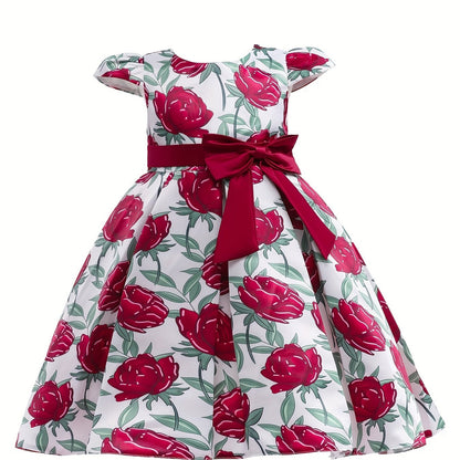 Elegant Floral Print Bowknot Princess Dress for Girls - Fit & Flare Midi with Lace-Up Detail