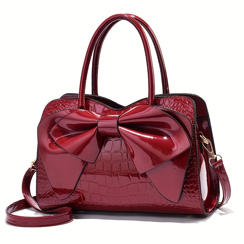 Trendy Crocodile Pattern Bow Tote Bag, All-match Solid Color Multi-pocket Shoulder Bag, Perfect Handbag For Commuting