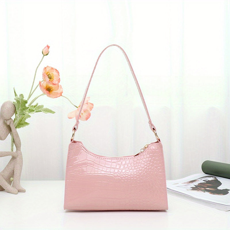 realaiot  Crocodile Pattern Underarm Bag, Stylish PU Leather Handbag, Solid Color Shoulder Bag