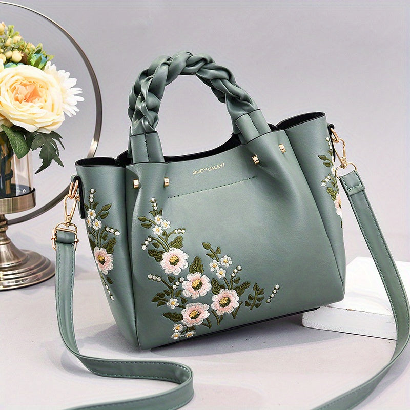 realaiot  Classic Flower Embroidered Tote Bag, Elegant Satchel Bag With Twisted Strap, All-Match Bag For Work