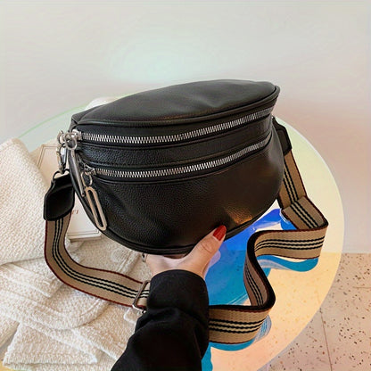 realaiot  Large Capacity Zipper Crossbody Bag, Striped Strap Adjustable Fashion PU Leather Versatile Shoulder Bag For Women