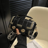 Retro PU Oil Leather Handbag, Mini Buckle Decor Crossbody Bag, Stitching Shoulder Purse With Wide Strap