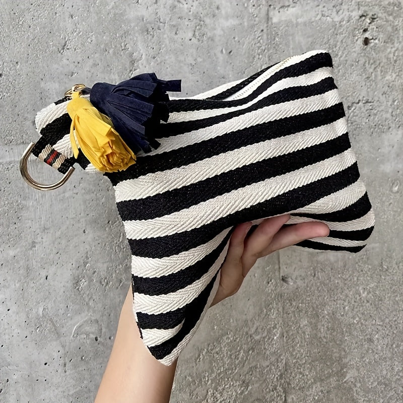 realaiot  Stylish Striped Tassel Clutch, Large Capacity Canvas Wristlet Bag With Zipper, Women's Fashion Casual Cosmetic Bag