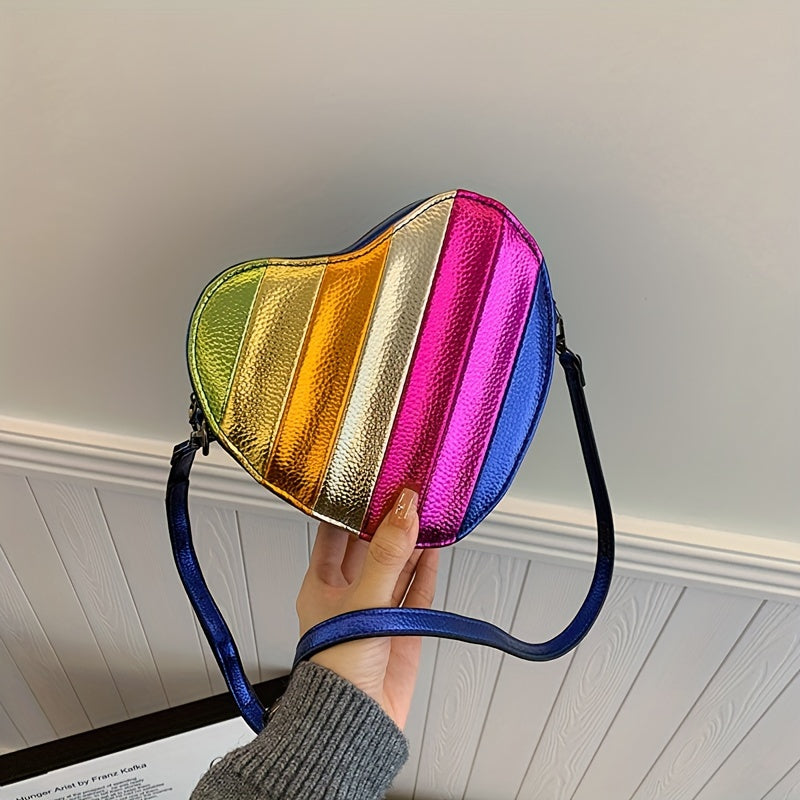 realaiot  Heart Shaped Crossbody Bag, Colorblock Rainbow Stitching Love Purse, Trendy Mini Shoulder Bag For Women, Valentine's Day Gift